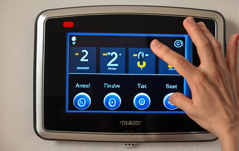 **
A person with limited vision struggles with a touchscreen, with fingers hovering hesitantly over the screen. In the background, a smart thermostat is set to maximum heat. The overall mood is one of frustration and confusion, highlighting the challenges of inaccessible technology. Focus on tactile elements and the contrast between the smooth screen and the person's hands.
**