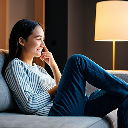 Home 8 A person, fully clothed in modest, comfortable home attire, is relaxing on a sofa in a modern, well-lit living room. They are subtly interacting with a voice assistant, and the smart lighting in the room is gently shifting from a bright, invigorating daytime glow to a warm, cozy evening ambiance. The scene emphasizes modern home technology and comfort. Perfect anatomy, correct proportions, natural pose, well-formed hands, proper finger count, natural body proportions. Professional photography, high quality, safe for work, appropriate content, family-friendly.