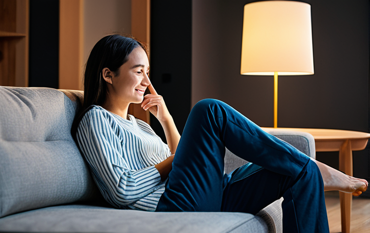 A person, fully clothed in modest, comfortable home attire, is relaxing on a sofa in a modern, well-lit living room. They are subtly interacting with a voice assistant, and the smart lighting in the room is gently shifting from a bright, invigorating daytime glow to a warm, cozy evening ambiance. The scene emphasizes modern home technology and comfort. Perfect anatomy, correct proportions, natural pose, well-formed hands, proper finger count, natural body proportions. Professional photography, high quality, safe for work, appropriate content, family-friendly.